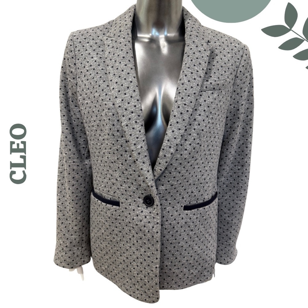🛍️ Cleo Grey Polka-Dot Blazer with Navy Trim – Size Small